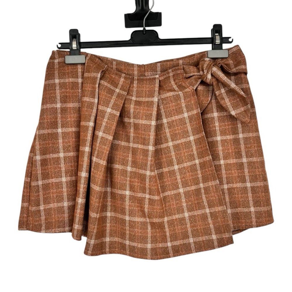 Blush Boutique Brown Plaid Mini Skirt Skort size Large Side Tie